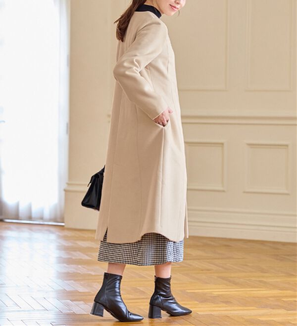 alotta（アロッタ）の「美人シルエットファー付ノーカラーコート【美人百花掲載】（ロングコート）」｜詳細画像