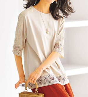 BELLUNA（ベルーナ）の「花柄レース使いデザインプルオーバー（カットソー）」｜アイボリー