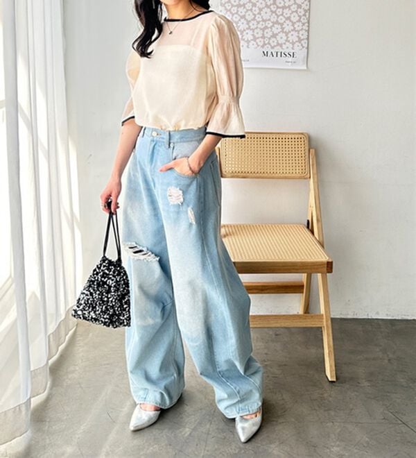 GeeRA（ジーラ）の「前後２ＷＡＹ配色パイピング５分袖ブラウス（ブラウス）」｜詳細画像