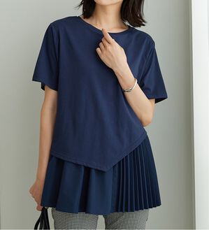 BELLUNA（ベルーナ）の「異素材使い裾アシメデザインチュニック（チュニック）」｜ネイビー