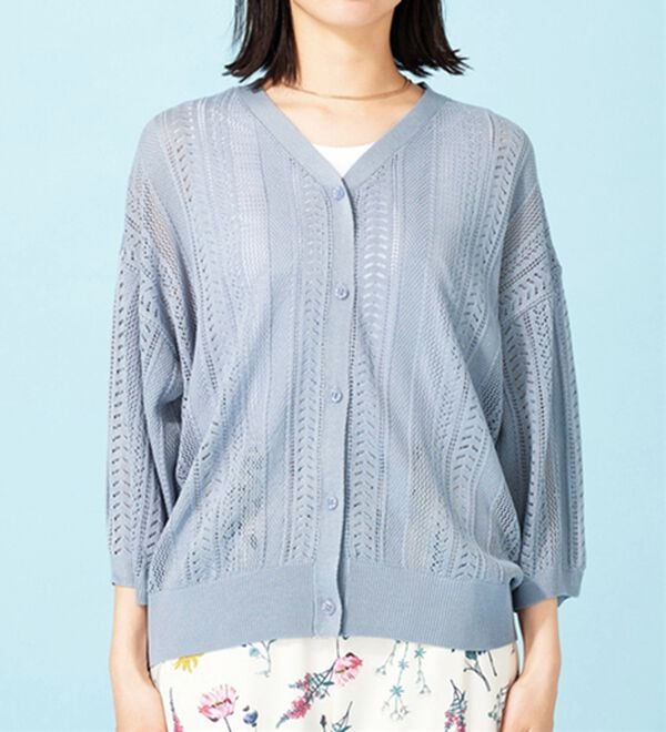 BELLUNA（ベルーナ）の「麻タッチ透かし編５分袖ニットカーディガン（ニットカーディガン）」｜詳細画像
