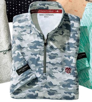 「＜トランスコンチネンツゴルフ＞ドライプリントハーフジップ（メンズＴシャツ）」｜ネイビーカモ柄