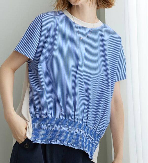 BELLUNA（ベルーナ）の「【ひんやり接触冷感】シャーリング使い異素材切替プルオーバー（カットソー）」｜詳細画像