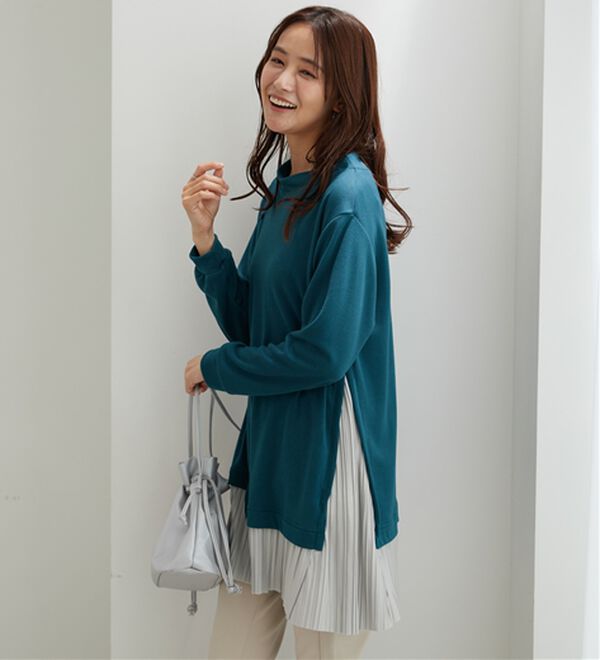 BELLUNA（ベルーナ）の「裾プリーツ切替ボタン使いチュニック（チュニック）」｜ターコイズ&times;グレー