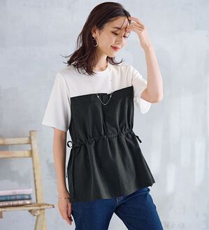 BELLUNA（ベルーナ）の「ヒンヤリ！ビスチェ重ね着風Ｔシャツ（カットソー）」｜白×黒