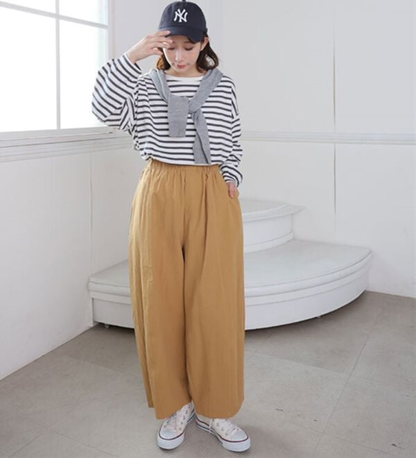 A HAPPY MARILYN（アハッピーマリリン）の「【Ｌ～８Ｌ】綿１００％ さらっと優しいコットン バレルレッグパンツ カーブパンツ 選べる２丈（ワイドパンツ・ガウチョ）」｜詳細画像