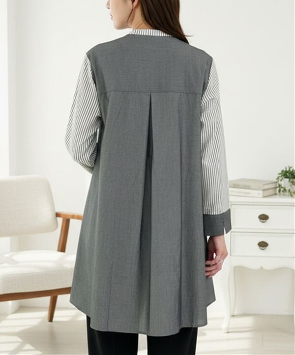 BELLUNA（ベルーナ）の「ストライプ&times;異素材切替シャツチュニック（チュニック）」｜詳細画像