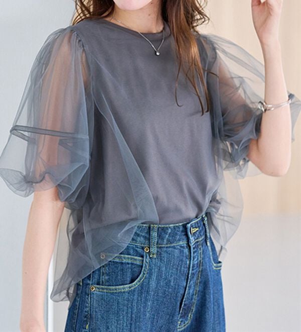 RANAN（ラナン）の「【ひんやり】チュールレイヤードパフスリーブTシャツ（カットソー）」｜詳細画像