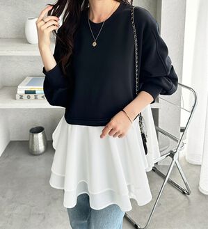 GeeRA（ジーラ）の「レイヤード風ペプラムスウェット（カットソー）」｜ブラック系