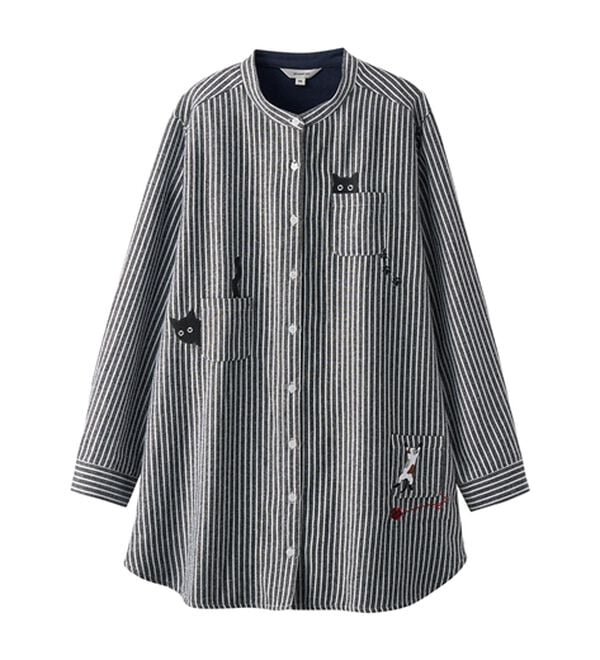 BELLUNA（ベルーナ）の「【あったか】裏フリース素材ネコ刺しゅうシャツチュニック（チュニック）」｜詳細画像