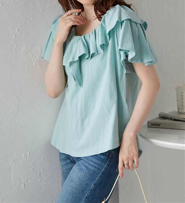 RANAN（ラナン）の「ひんやり！綿１００％フリル衿カットソープルオーバー（カットソー）」｜詳細画像