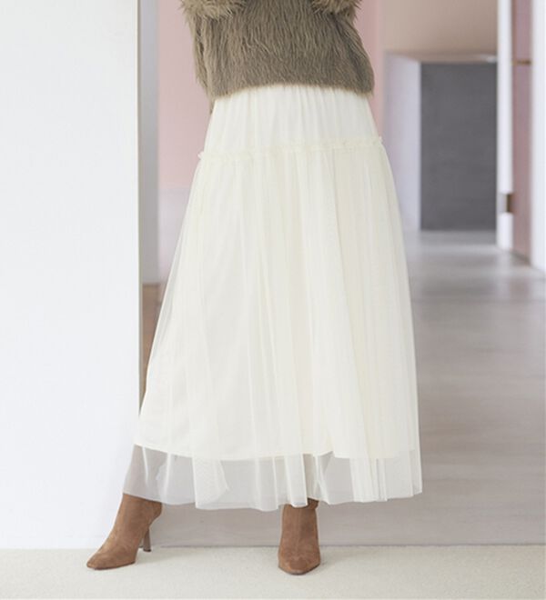 RANAN（ラナン）の「ふわっと可愛いフリルギャザーチュールスカート（ロングスカート）」｜アイボリー