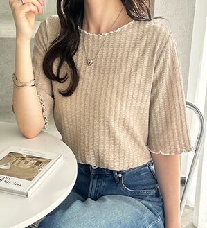 GeeRA（ジーラ）の「配色メロー５分袖表面感カットソー（カットソー）」｜モカ