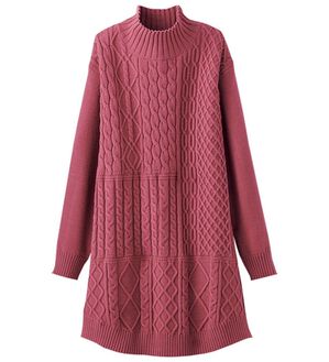 BELLUNA（ベルーナ）の「パッチワーク調ケーブル柄ニットチュニック（チュニック）」｜コーラル