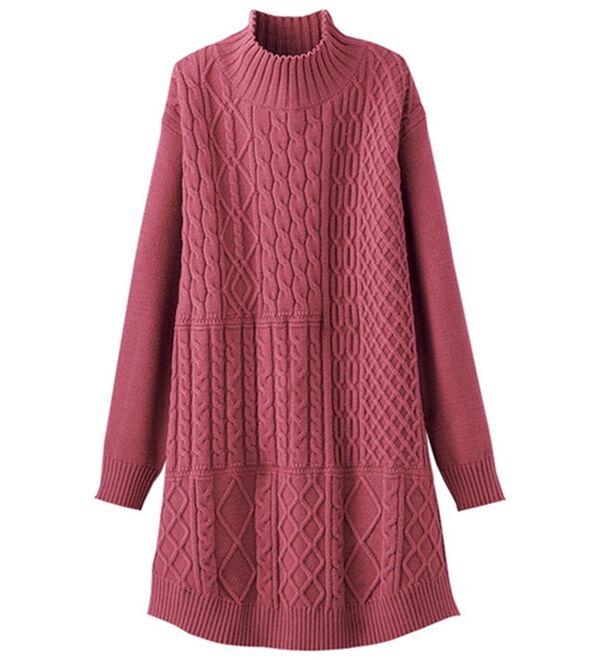 BELLUNA（ベルーナ）の「パッチワーク調ケーブル柄ニットチュニック（チュニック）」｜コーラル