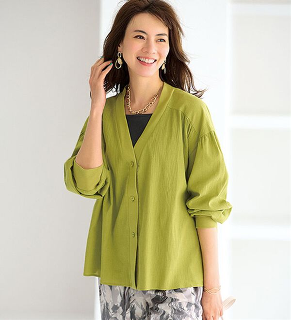 BELLUNA（ベルーナ）の「綿１００％シアー素材楊柳カーディガン（その他カーディガン）」｜イエローグリーン