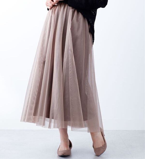 BELLUNA（ベルーナ）の「チュール素材フレアスカート（ロングスカート）」｜ブラウン