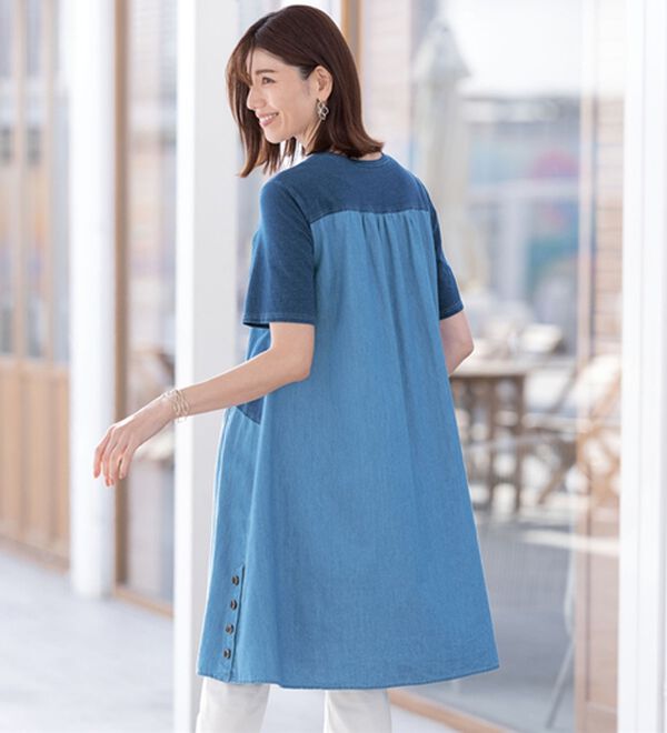 ルフラン（ルフラン）の「【２色組】柔らかデニム切替らくちんワンピース（カットソーワンピース）」｜詳細画像