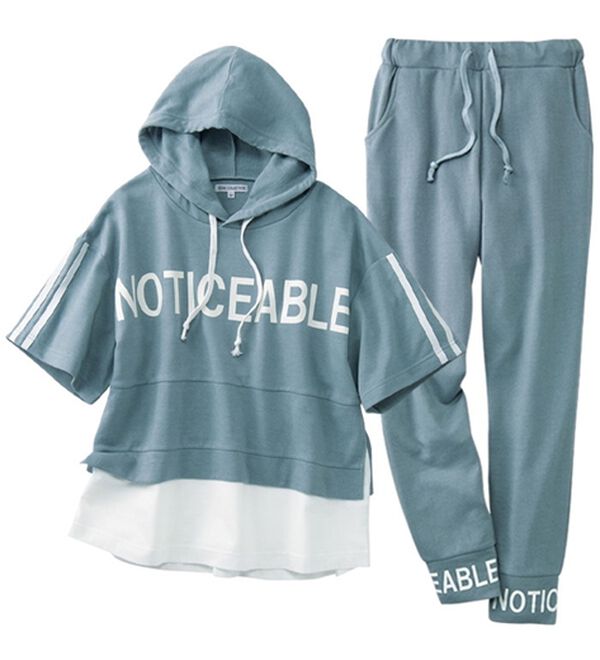 YU'NOW（ユナウ）の「裾レイヤードスポーティロゴパーカー＆パンツセット（パジャマ・ルームウェア）」｜グレイッシュブルー