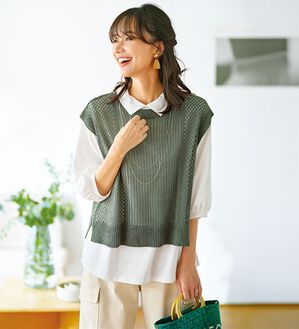 BELLUNA（ベルーナ）の「透かし編ニットベストアンサンブル（アンサンブル）」｜オリーブ