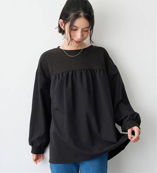 Viola e Viola（ヴィオラ エ ヴィオラ）の「アゼ編み風裏起毛　異素材切替プルオーバー（カットソー）」｜詳細画像