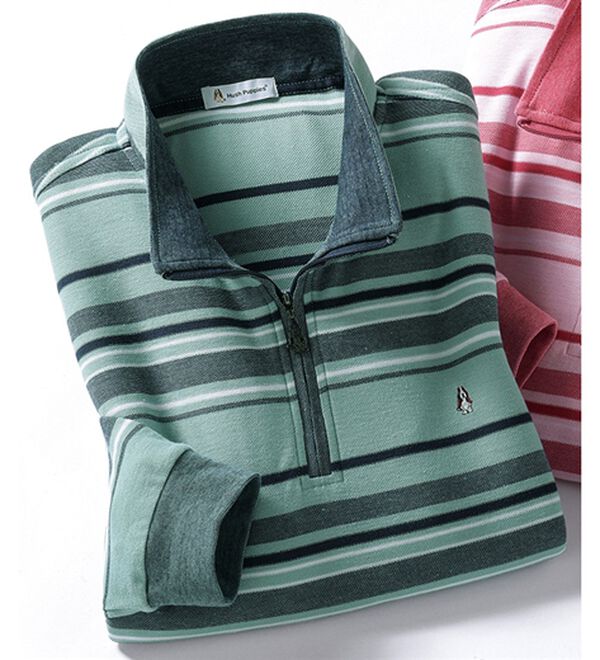 「＜ハッシュパピー＞華やかボーダージャカードジップポロ（メンズトレーナー）」｜グリーン