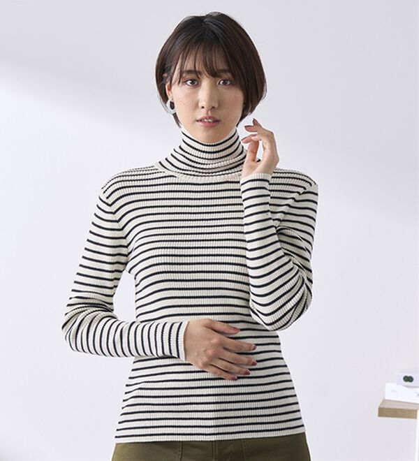 BELLUNA（ベルーナ）の「＜＆ｃｏｃｏｃｈｉ＞ハピネスコットン100％&times;吸湿発熱リブタートルニット（ニット・セーター）」｜詳細画像