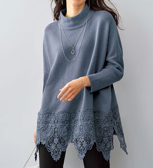 BELLUNA（ベルーナ）の「裾レース切替ポンチョ風ニットチュニック（チュニック）」｜ブルーグレー