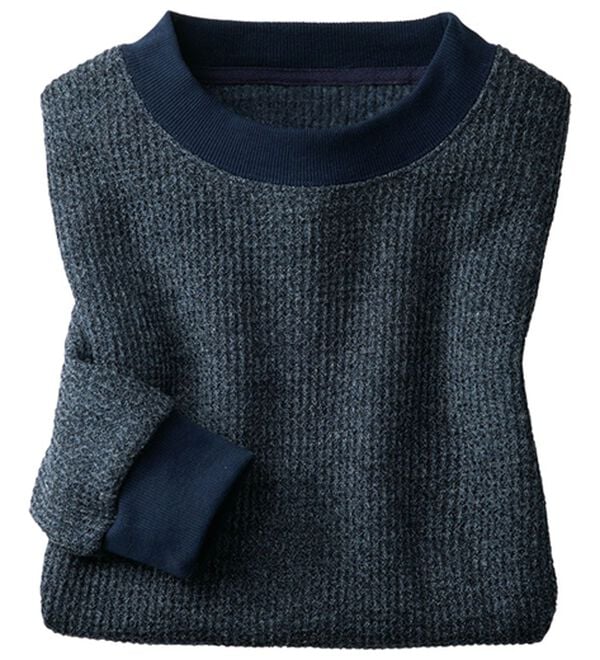 「＜シンプル＆プラス＞裏起毛ワッフルロングＴシャツ（メンズＴシャツ）」｜ネイビ－