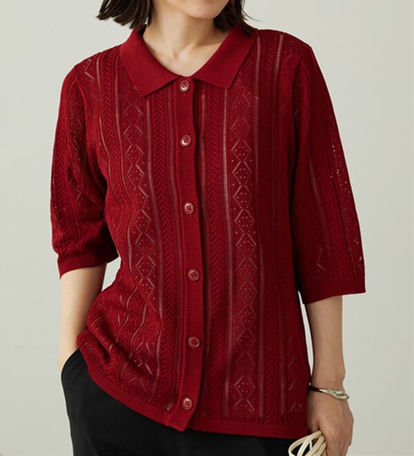 BELLUNA（ベルーナ）の「衿付き透かし編みニットカーディガン（ニットカーディガン）」｜詳細画像