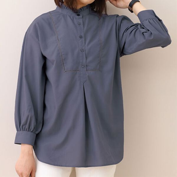 BELLUNA（ベルーナ）の「はしごレース使いフリル衿チュニック（チュニック）」｜ブルーグレー