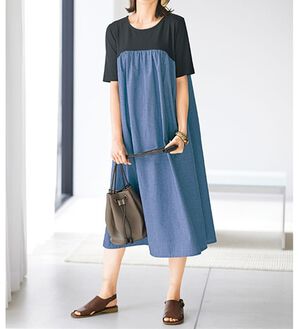 BELLUNA（ベルーナ）の「一枚着て体型カバー！異素材切替ワンピース（ドッキングワンピース）」｜黒／ブルー