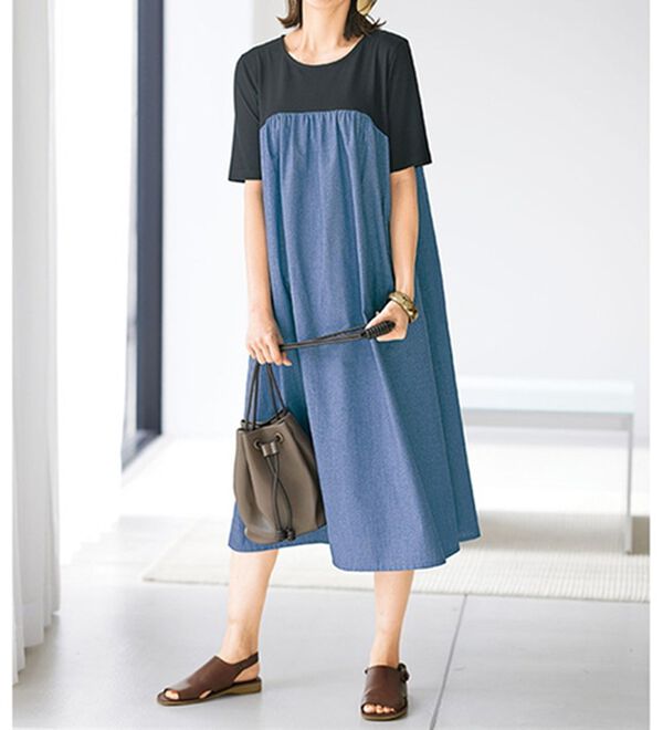 BELLUNA（ベルーナ）の「一枚着て体型カバー！異素材切替ワンピース（ドッキングワンピース）」｜黒／ブルー