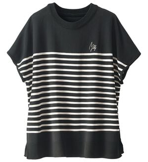 BELLUNA（ベルーナ）の「【快適Ｌａｂ．】Tシャツより上品！ひんやり洗えるニットＴ（ニット・セーター）」｜黒&times;オフ白