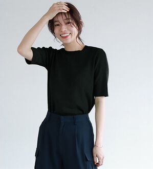 Pierrot（ピエロ）の「【洗濯機で洗える】多機能ニット５分袖トップス（ニット・セーター）」｜ブラック