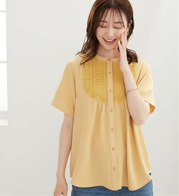 BELLUNA（ベルーナ）の「【多機能付き】お手入れ楽々！レース使いシャツチュニック（チュニック）」｜イエロー