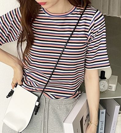 GeeRA（ジーラ）の「マルチボーダー５分袖リブカットソー（カットソー）」