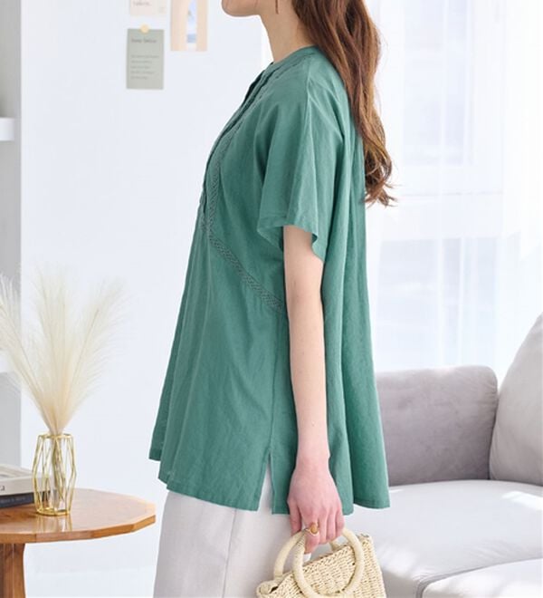 Viola e Viola（ヴィオラ エ ヴィオラ）の「【インド綿】レース付き前開きブラウス（ブラウス）」｜詳細画像