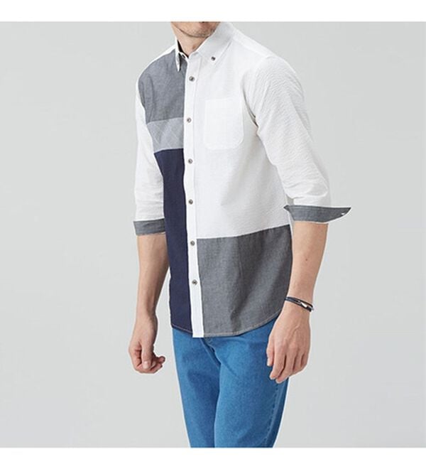 「＜ザ　ショップ　ティーケー＞異素材使いシアサッカー７分袖シャツ（メンズシャツ）」｜詳細画像