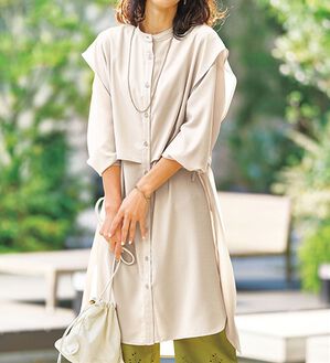 BELLUNA（ベルーナ）の「麻調素材レイヤード風ロングシャツ（シャツワンピース）」｜アイスグレー