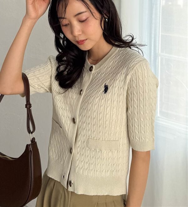 RANAN（ラナン）の「＜Ｕ．Ｓ．ＰＯＬＯ　ＡＳＳＮ．＞ゴールドボタン半袖刺繍ケーブルニットカーディガン（ニットカーディガン）」｜詳細画像