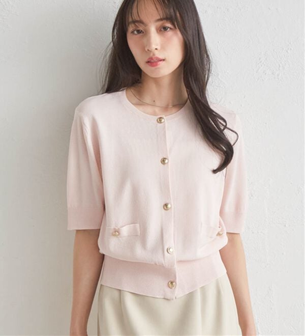 RANAN（ラナン）の「ゴールド調ボタン5分袖ニットカーデ（ニットカーディガン）」｜詳細画像