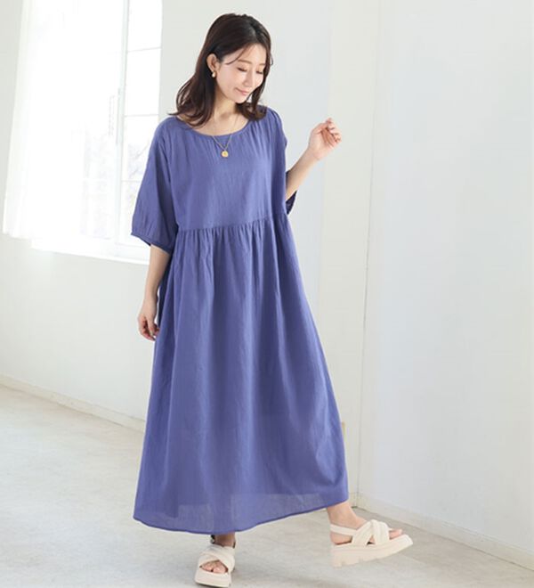 A HAPPY MARILYN（アハッピーマリリン）の「【Ｌ～６Ｌ】【風通るプレミアム】綿・楊柳、五分袖ウエスト切替ワンピース。（ロングワンピース）」｜詳細画像