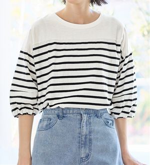 Viola e Viola（ヴィオラ エ ヴィオラ）の「綿１００％バスクボーダーランタン袖トップス（カットソー）」｜ブラック系