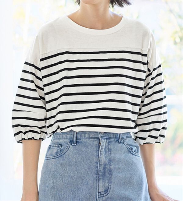 Viola e Viola（ヴィオラ エ ヴィオラ）の「綿１００％バスクボーダーランタン袖トップス（カットソー）」｜ブラック系