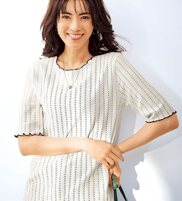 BELLUNA（ベルーナ）の「透かし編レース配色メロープルオーバー（カットソー）」｜アイボリー