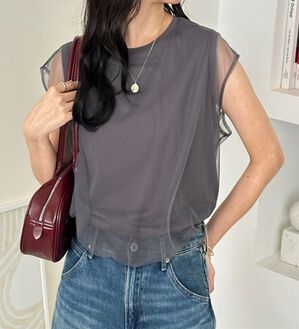 GeeRA（ジーラ）の「チュールカバーフレンチスリーブカットソー（カットソー）」｜チャコール