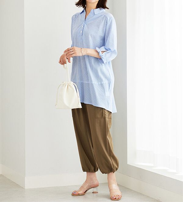 BELLUNA（ベルーナ）の「綿１００％ストライプ袖リボンチュニック（チュニック）」｜詳細画像