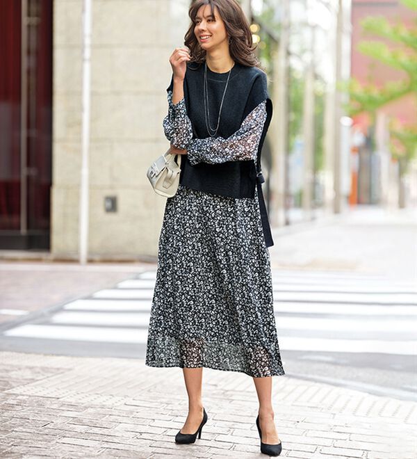 ベスト付花柄ワンピース - ベルーナ【公式】 