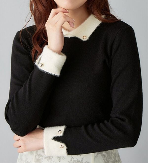 alotta（アロッタ）の「洗える！もっちりタッチ衿付フェザー切替配色ニット（ニット・セーター）」｜詳細画像